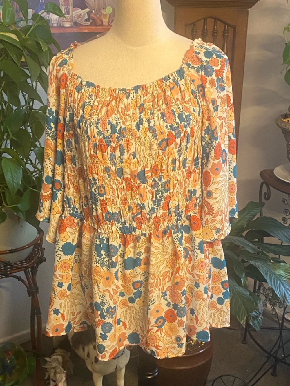 Chenault Floral Smocked Peasant Top - Cream with Blue & Orange Flowers Size 2X